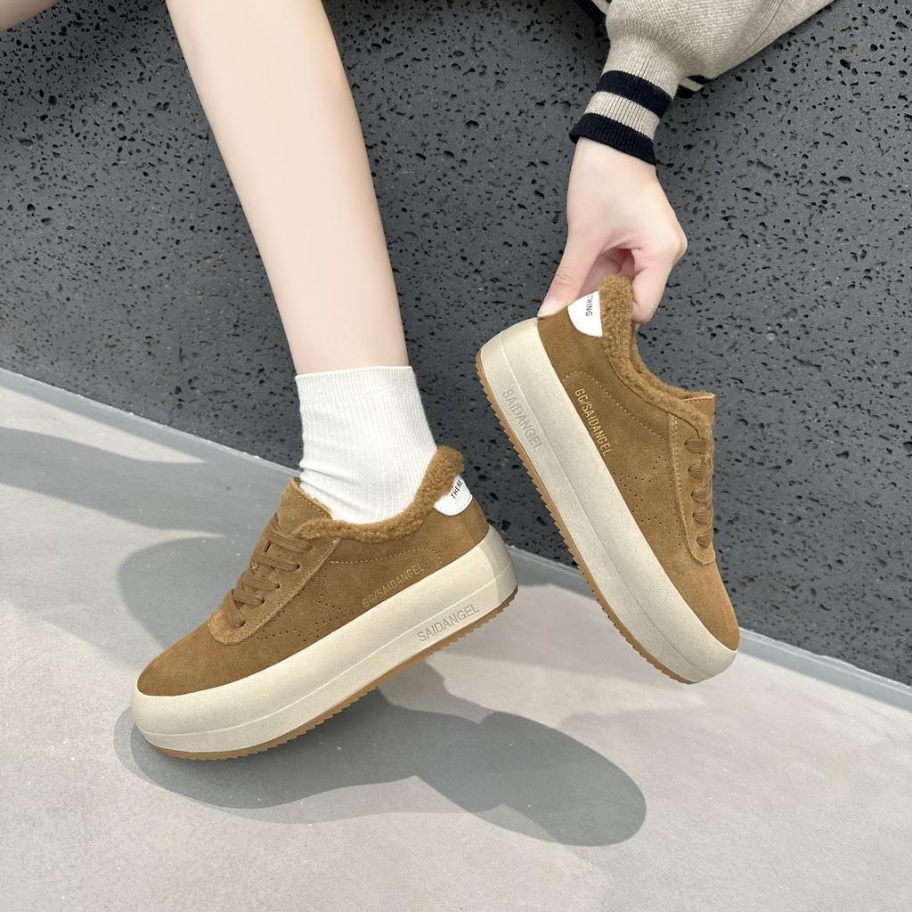 Frosted Leather Dirty Shoes Women's Velvet Thick Baseplate Shoes Autumn and Winter New Retro Casual Sports Warm Cotton Shoes