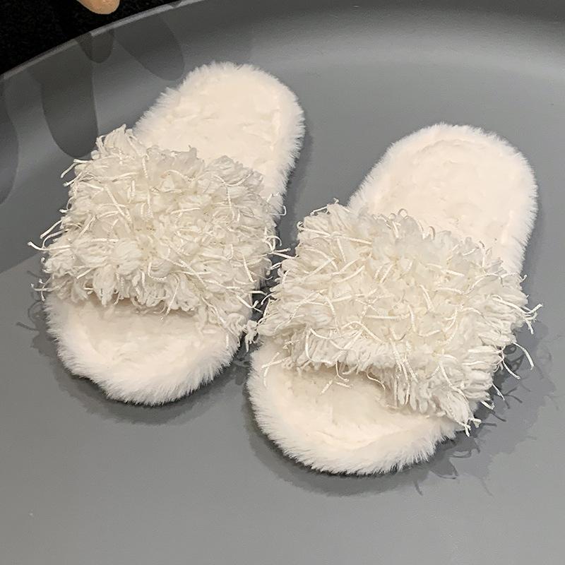

Autumn and winter design sense one-word roll plush cotton slippers fluffy mop children s casual wear flat bottom bag head cotton mop light 26