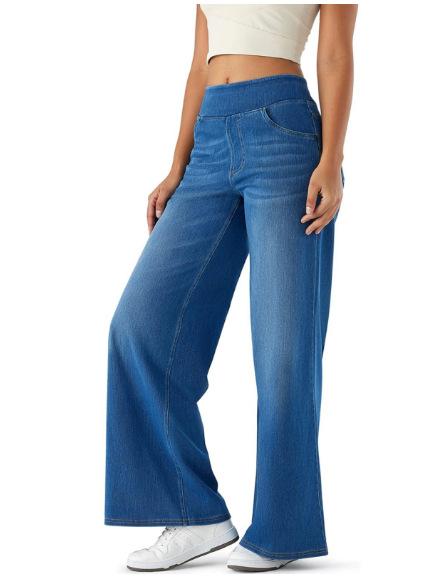 Women Jeans With Pockets Elastic High Waist Solid Color Full Length Pants Straight Wide Leg Trousers Denim Sweatpant
