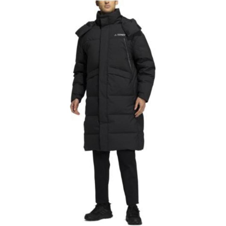 adidas Terrex Series Solid Color Logo Loose Warm Long Hooded Down Jacket Unisex Outerwear Black HM9710