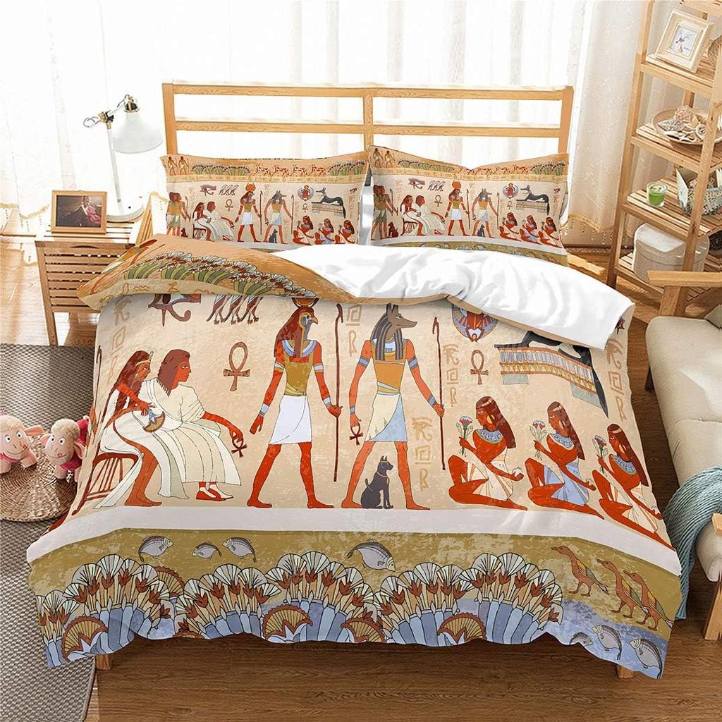 2pcs Set Egyptian Bedding Set Double Quilt Cover Ancient Egyptian Civilization Duvet Cover Textiles African Bedding Set with Zip