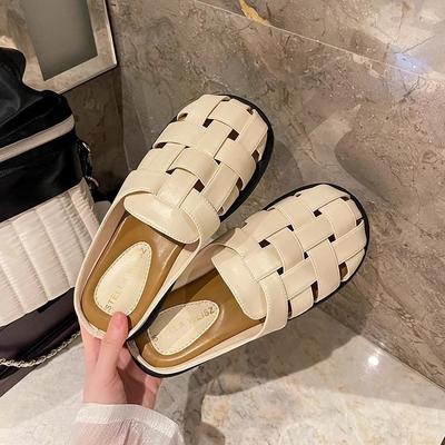 Suding Women's Shoes Hollow Woven Slippers Outer Wear 2025 Summer New One-pedal Roman Retro Baotou Half Slippers
