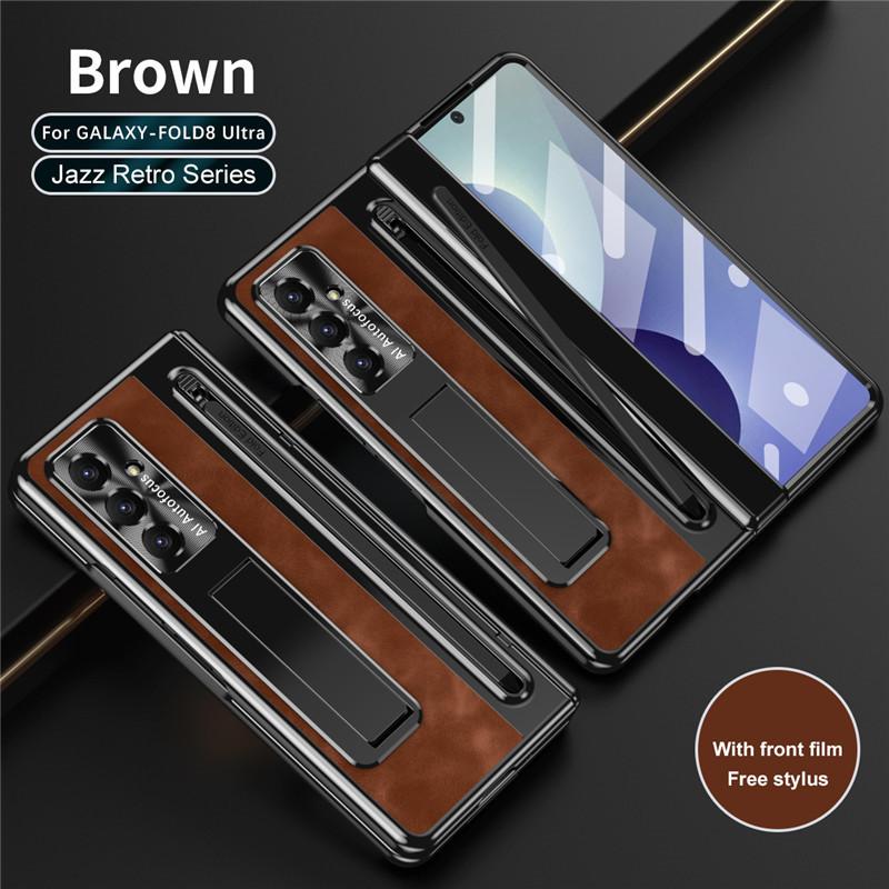 PU Leather Hinge Case For Samsung Galaxy Z Fold 8 Ultra 6 5 4 Fold8 5G S Pen Slot Holder Bracket Glass Film Protector Cover