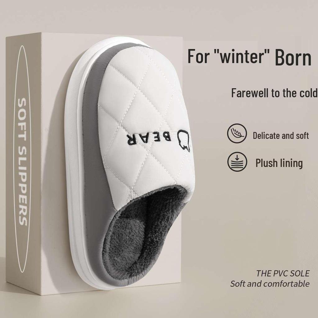 Dirt-Resistant Waterproof Cotton Slippers for Women, Simple Grid Pattern, Non-Slip, Durable, Indoor Warmth, Essential Home Footwear