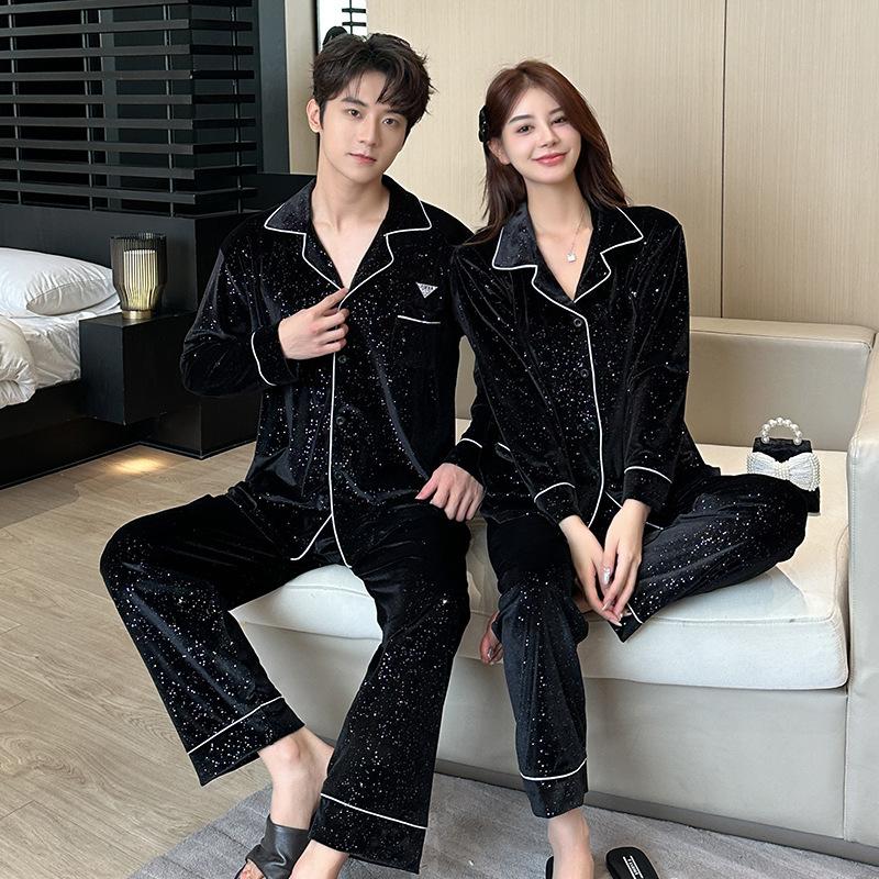 Golden velvet pajamas for women, couples, men's long-sleeved cardigan, premium new Korean version, popular loungewear can be worn outside