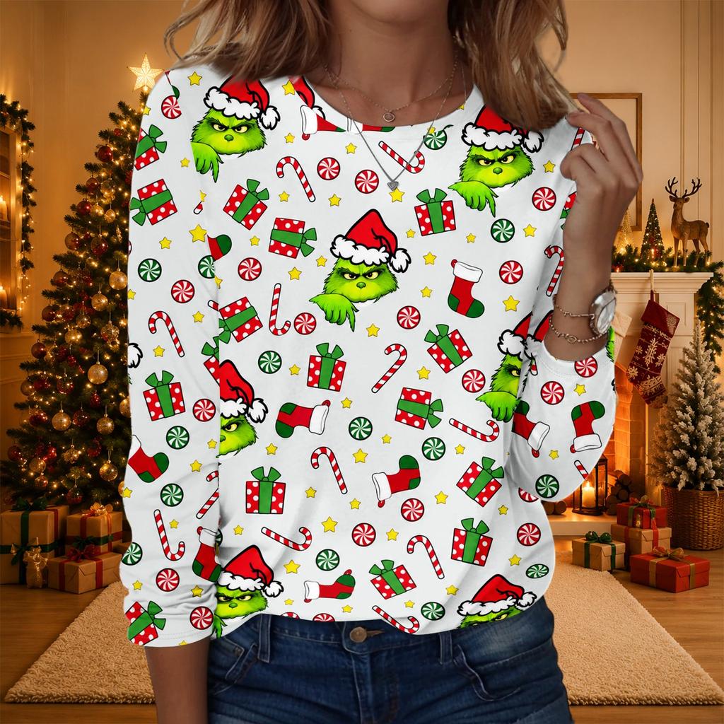 Women's Fashionable Casual Long Sleeve Crewneck Graphic Print Top for Everyday Wear