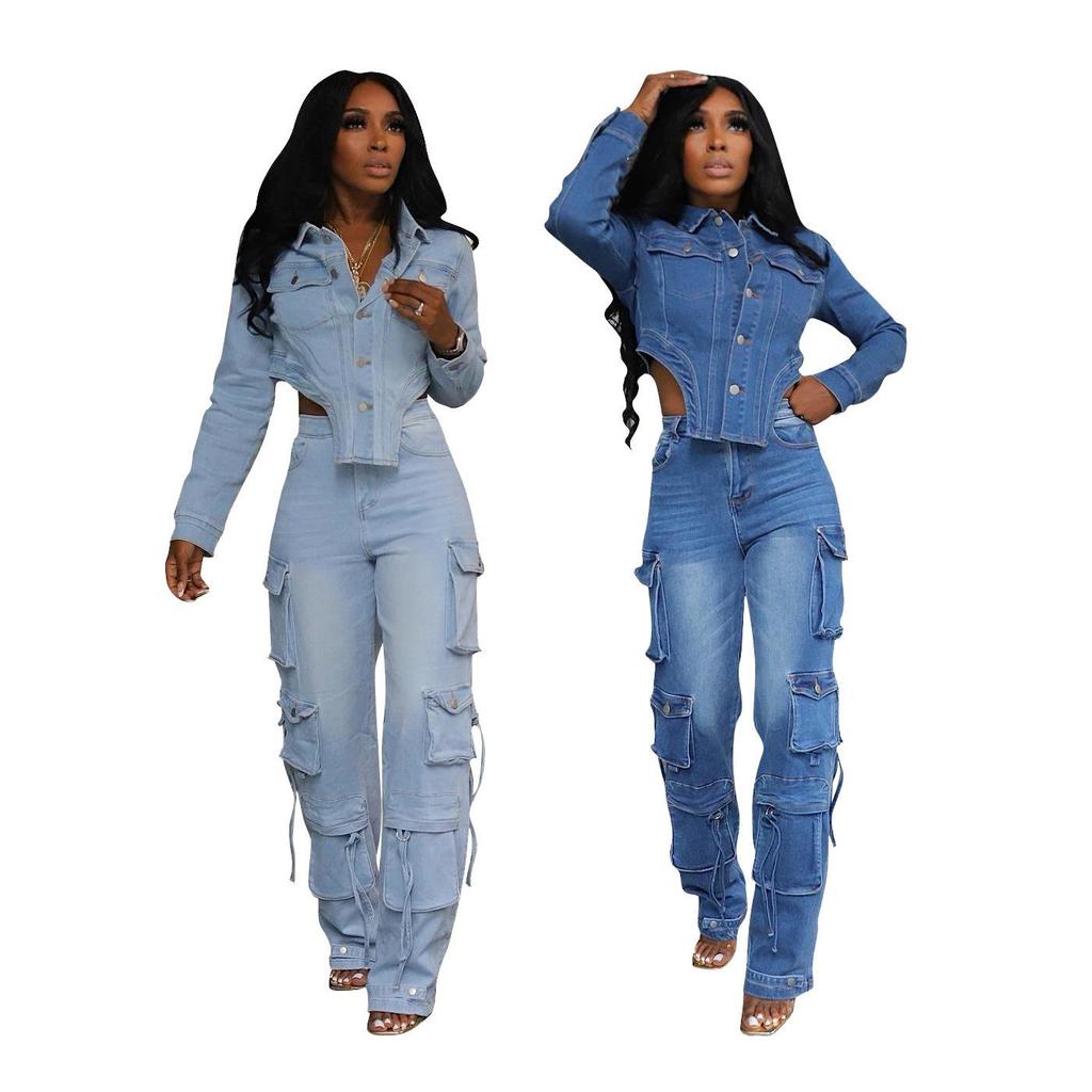 European & American Women's Casual Washed Denim Set