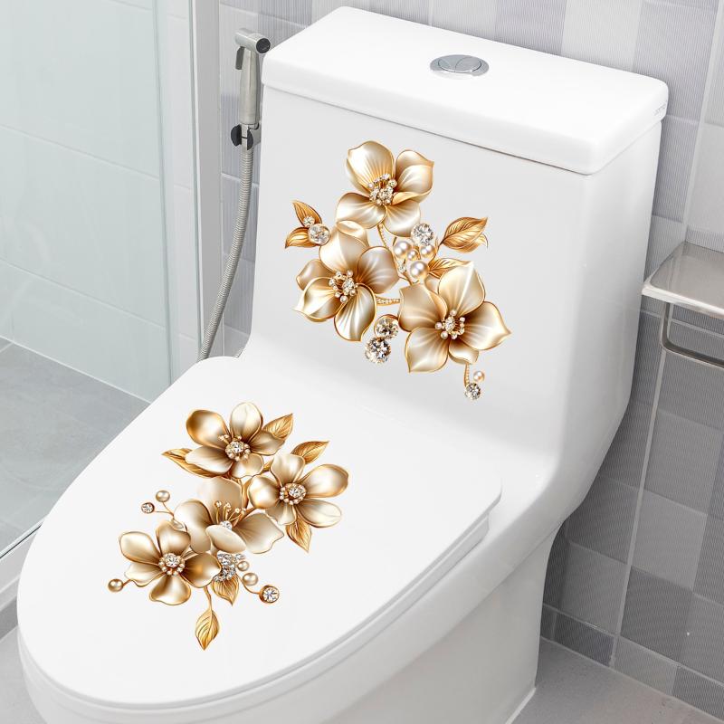 Creative Luxury Gold Flower Waterproof Toilet Sticker Bathroom Wall Background Decal Home Decoration Self-adhesive Posters