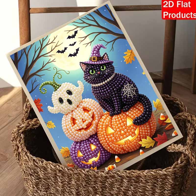 Halloween Black Cat Pumpkin Pearl Painting Art Full Pearl Handmade Diy Home Decorations