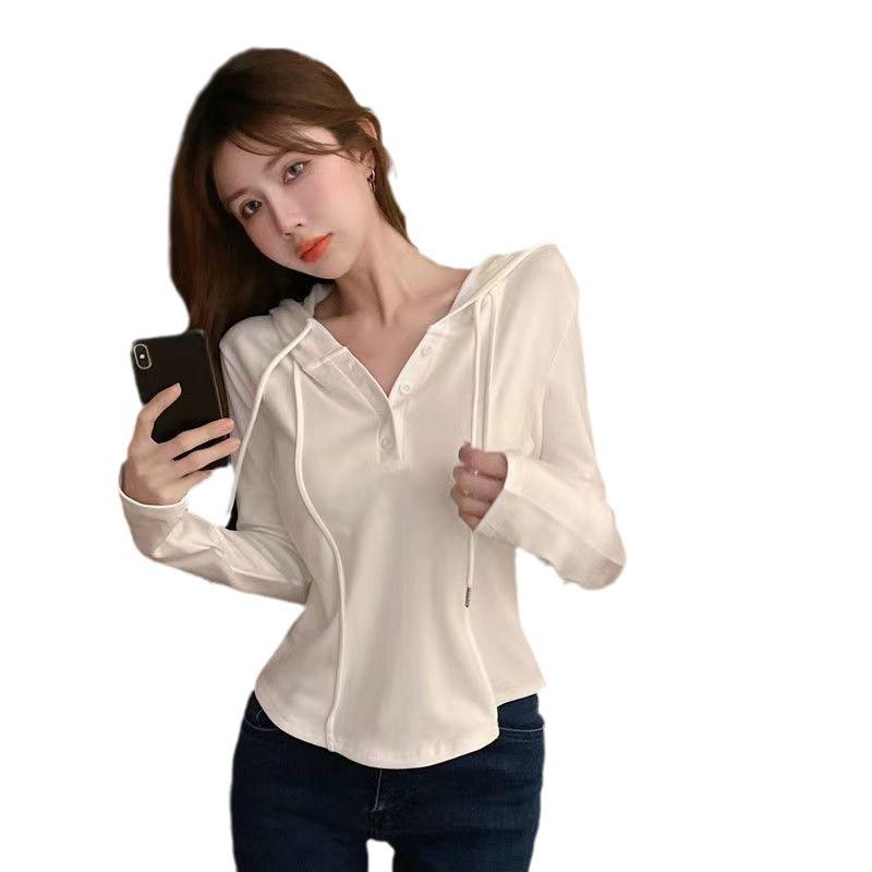 Women's Autumn 2024 Hooded Long Sleeve T-shirt with Waist-Cinching Slim Fit