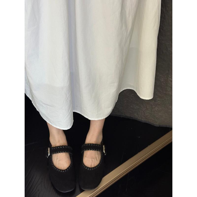 Retro Woven Suede Square Head Word with Shallow Mouth Gentle Evening Breeze Flat Bottom Mary Jane Single Shoes Women