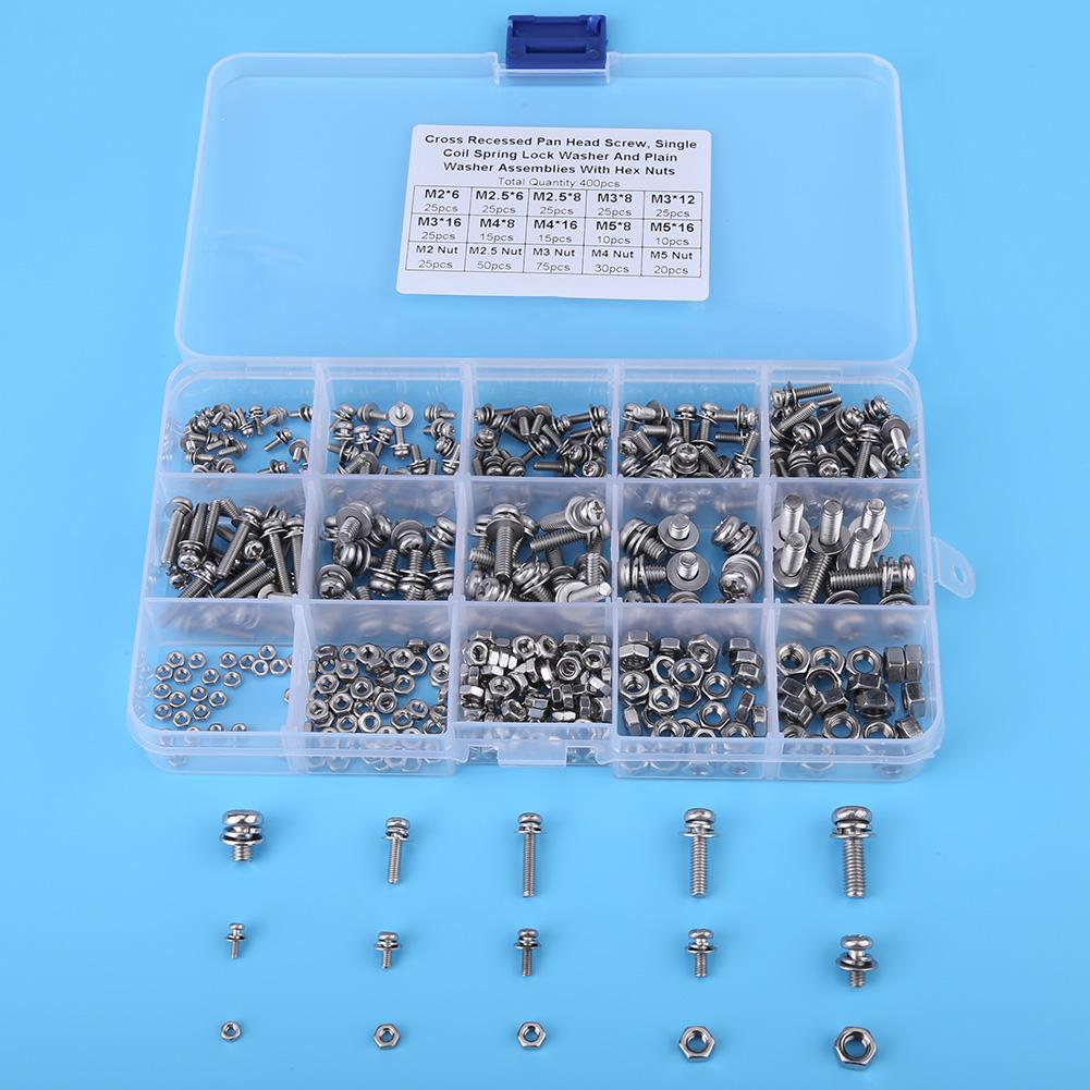 400pcs M2 M2.5 M3 M4 M5 Cross Pan Head Screws Nuts And Washer Kit