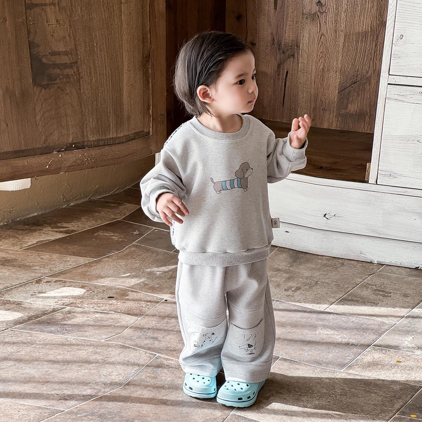 

Baby Boy Spring 2026 Light Gray and Blue Puppy Print Three-Piece Set 90 cm