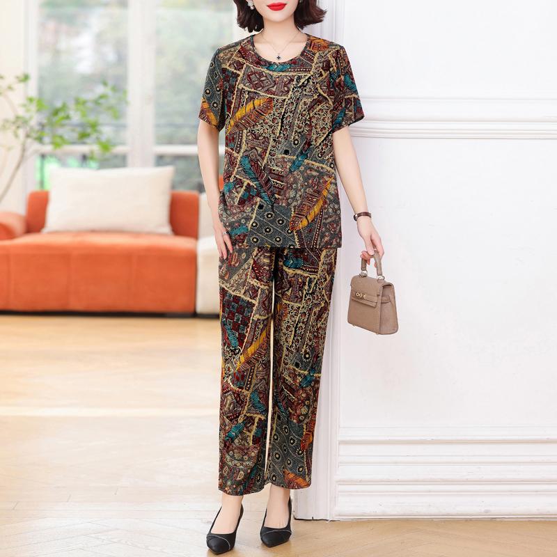 Plus Size Elegant 2 Piece Sets Womens Outfits Summer  Vintage Print Wide Legs Trouser Sets