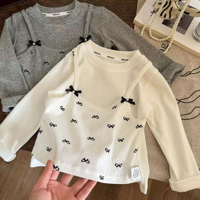 Girls Spring Autumn Fake Two Piece Solid Base Shirt Bowknot Splice Versatile Princess Top