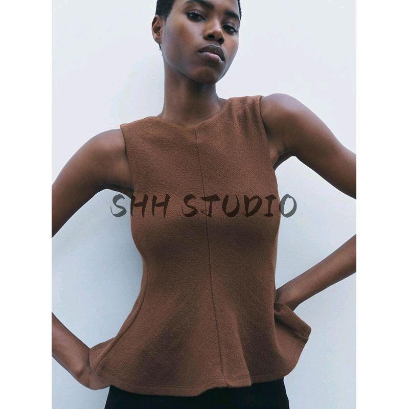 Spring New Women's Clothing Casual Easiest for Match V Neck Sleeveless Hem Short Skirt Texture Tops 1223006