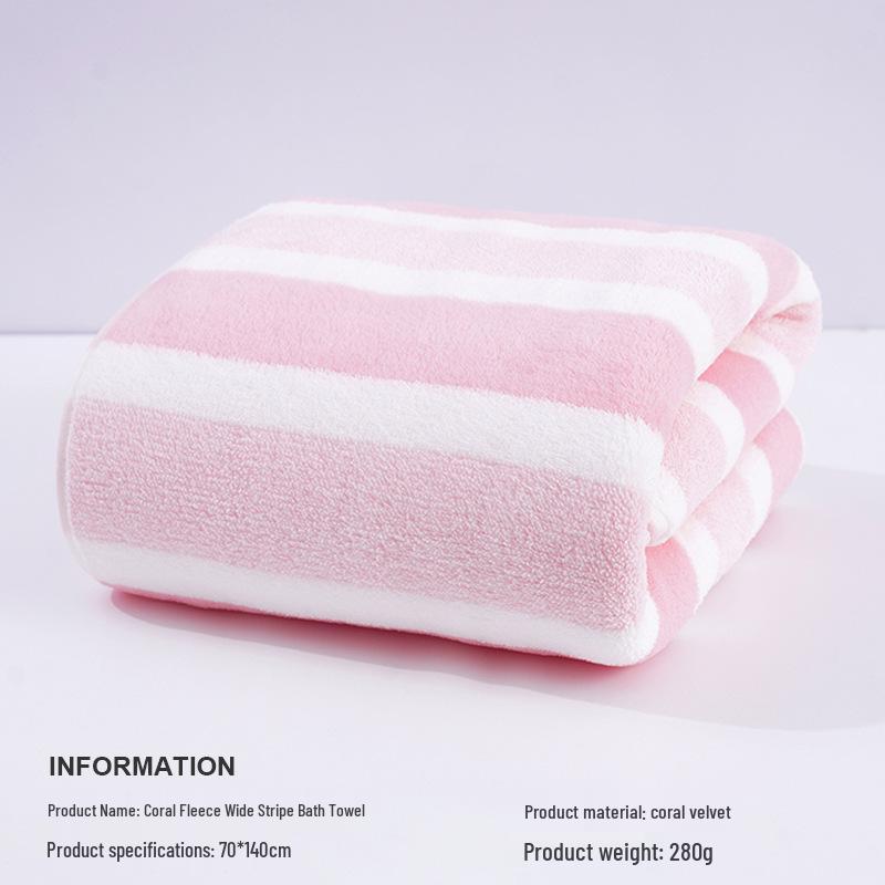 Temu Coral Fleece Quick-Drying Absorbent Bath Towel - Thick, Soft & Comfortable Striped Towel for Men & Women