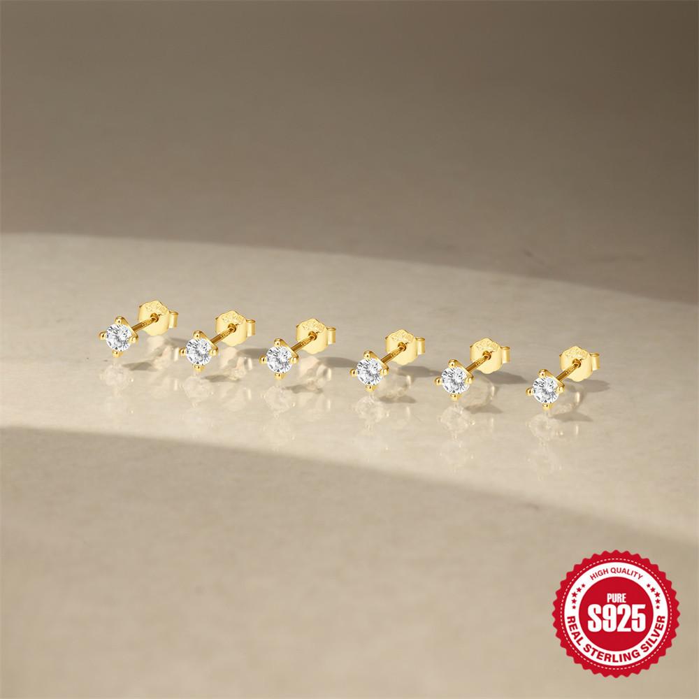 Stylish And Simple Style S925 Sterling Silver Four-Claw Diamond-Encrusted Basic Daily Matching Temperament Stud Earrings Set Women