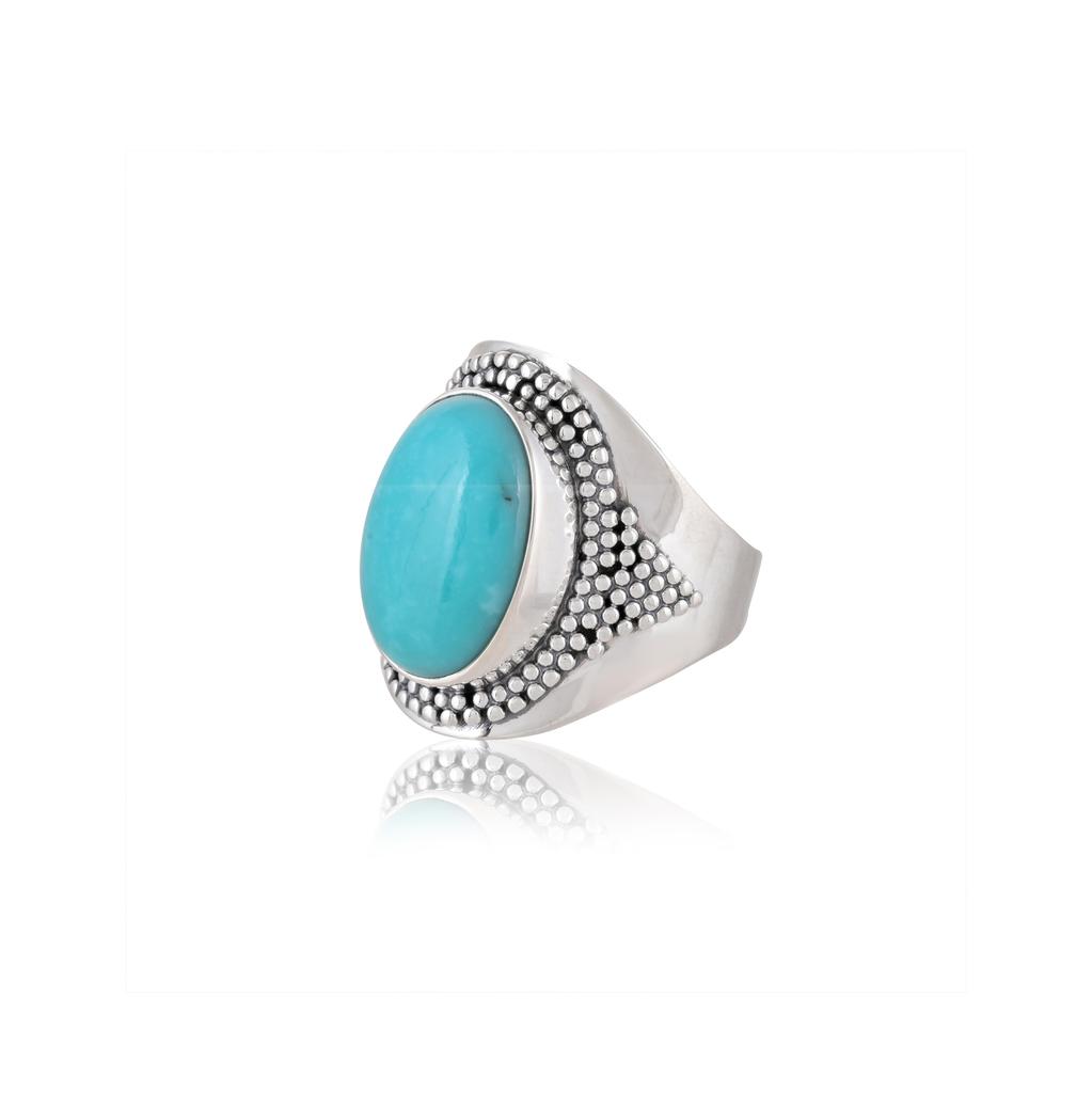 Turquoise Gemstone Ring – Tribal Boho 925 Sterling Silver Statement Ring for Women & Men – Handmade December Birthstone Jewelry
