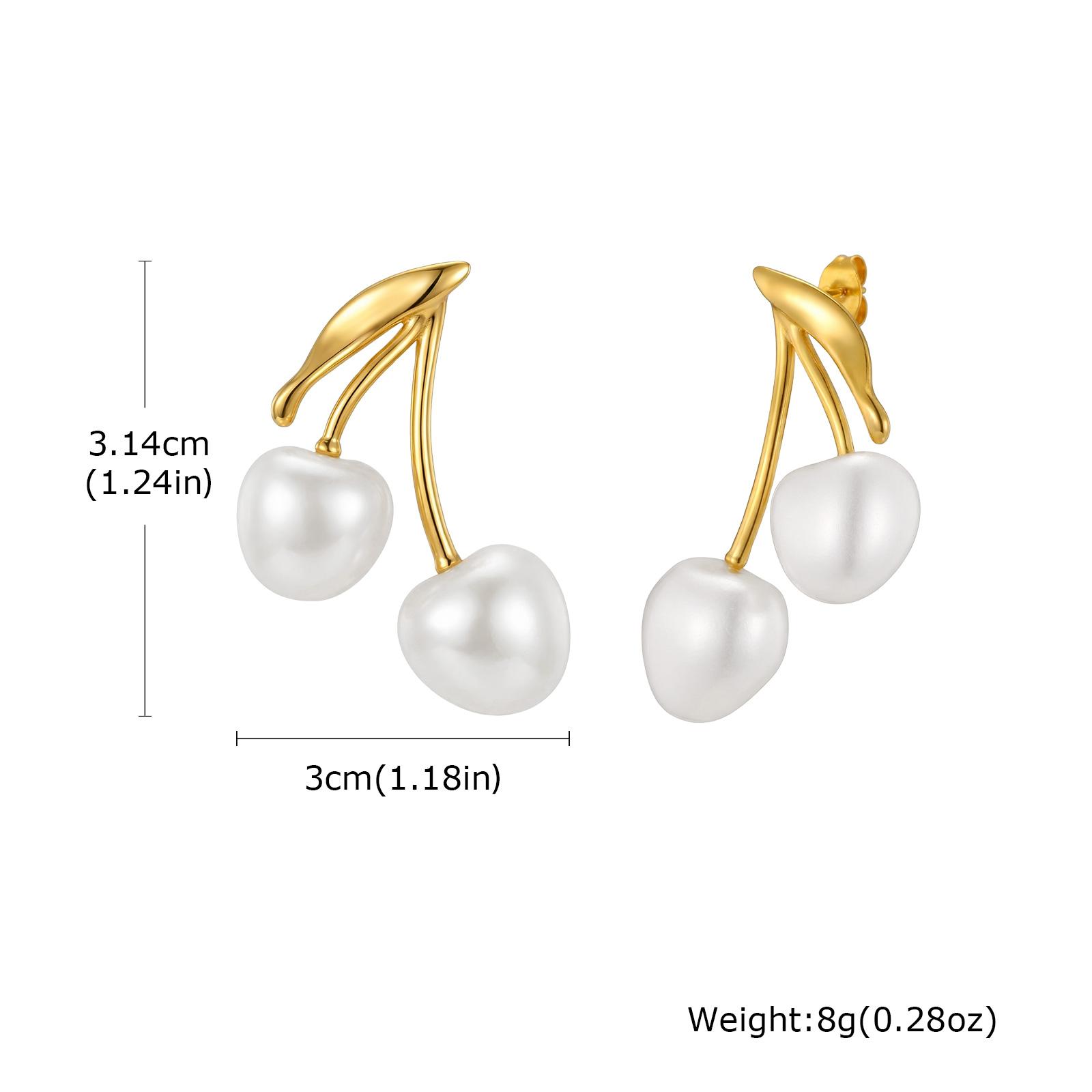 18K Gold Plated Pearl Cherry Earrings, Hypoallergenic Waterproof Stainless Steel, Elegant Jewelry for Women, Cute Fruit Studs