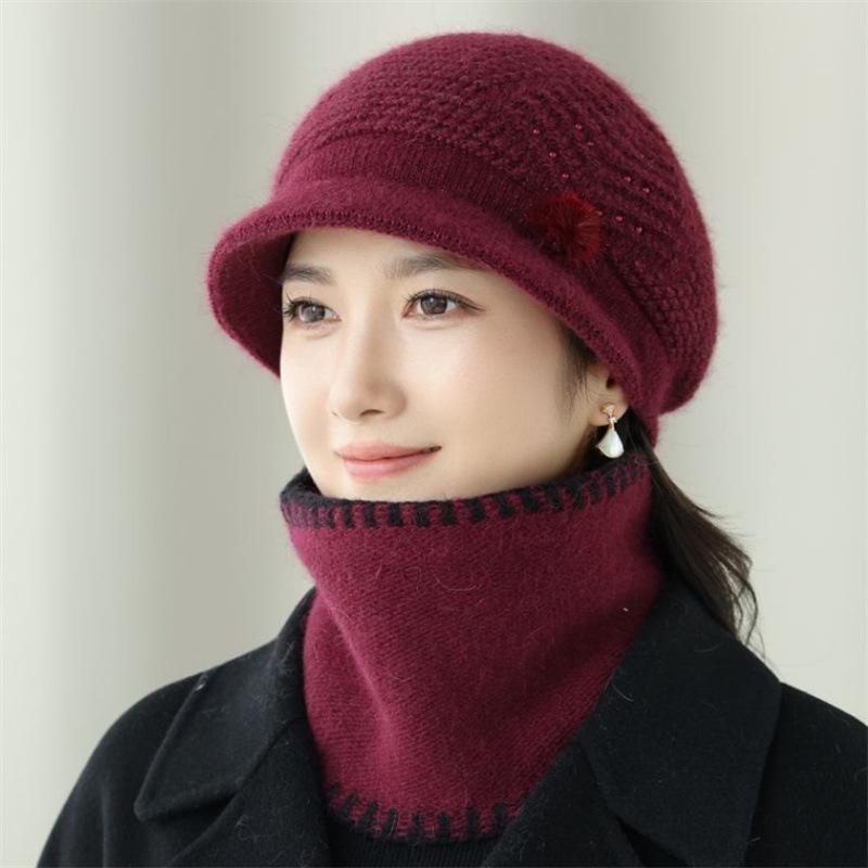 Knitted Bucket Hat Women's Autumn and Winter Velvet Warm In the Elderly Mother Hat Ear Protection Cold Thickening Foreign Gas Knitting