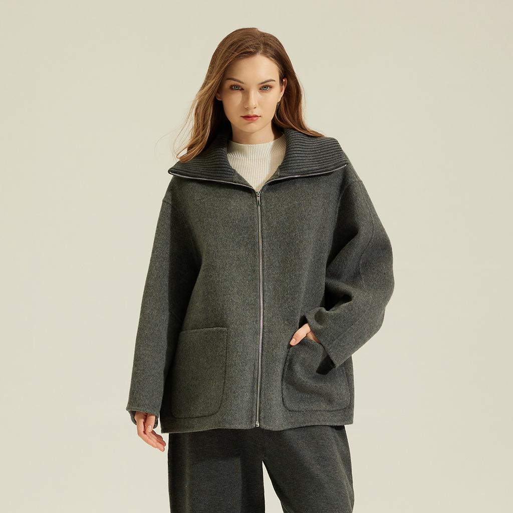 Puyuan double-sided woolen small jacket knitted collar baseball jersey wool zipper cardigan