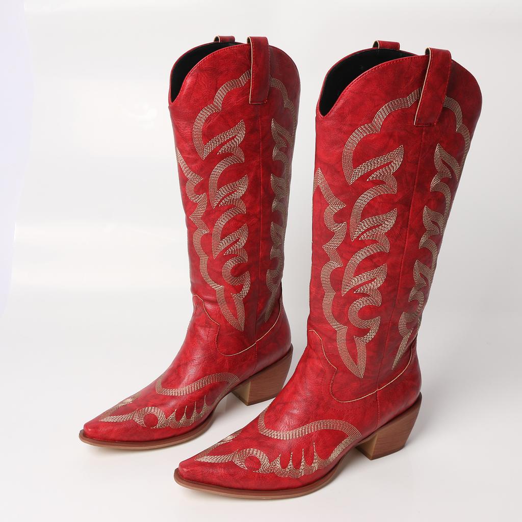 FOREADA Women Knee High Cowgirl Long Boots Pointed Toe Chunky High Heels Embroidery Wester Gogo Boots Ladies Fashion Shoes Winter 43