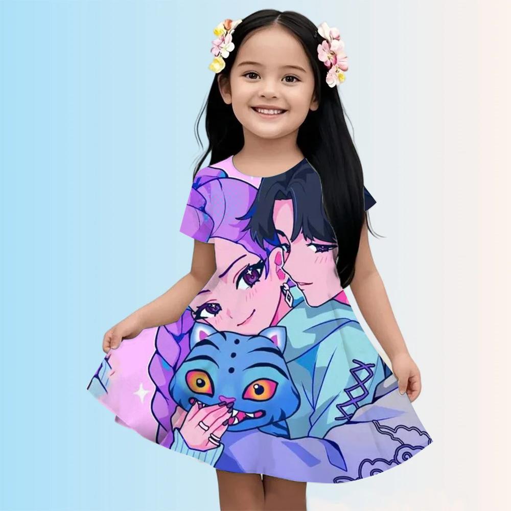 

KPop Demon Hunters Printed Children T Shirt Dresses Girls Casual Dress Kids Cute Kitty Clothes for 1-10Y Summer Comfy 170