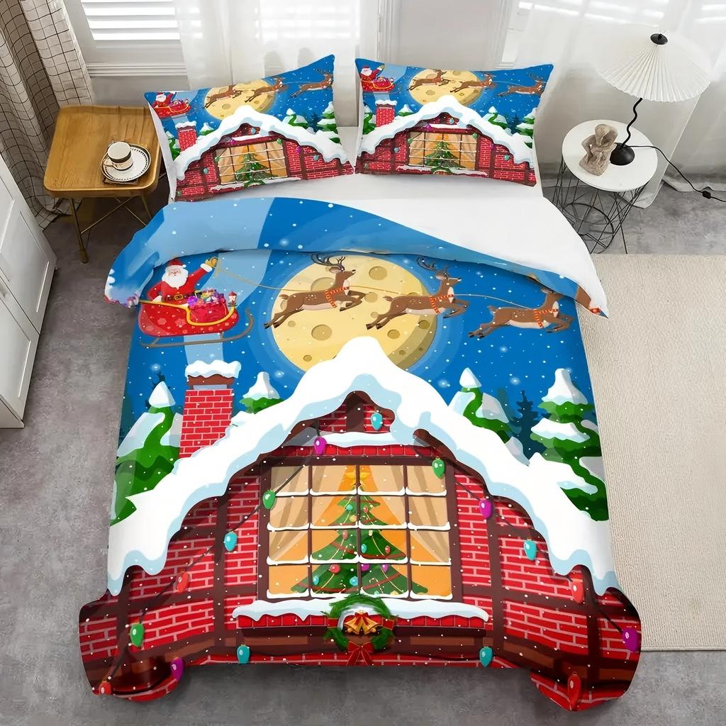 Snow Night Santa Claus Reindeer 3D Print Bedding Set Christmas Theme Duvet Cover Soft Comfortable Home Polyester Quilt Cover Set