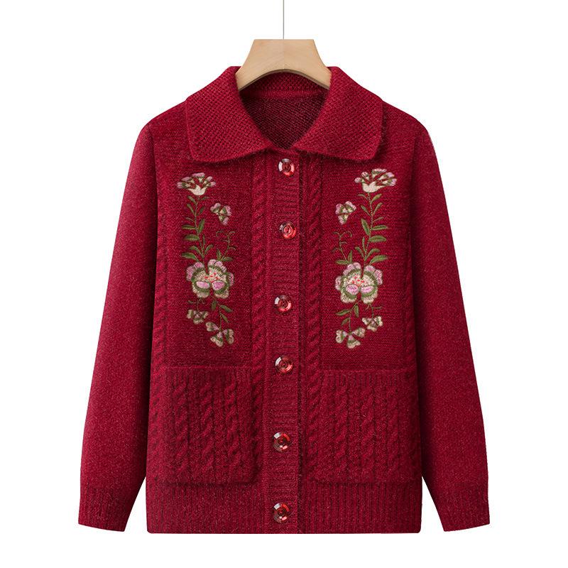 Dicker Strick-Cardigan für ältere Frauen: Oma-Stil, Pullover mit Kragen für Herbst und Winter.