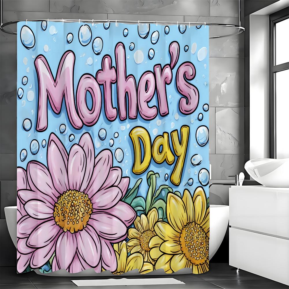 Mother's Day Cartoon Flower Shower Curtain, Bathroom Decorative Shower Curtain, Waterproof Shower Curtain with Hooks