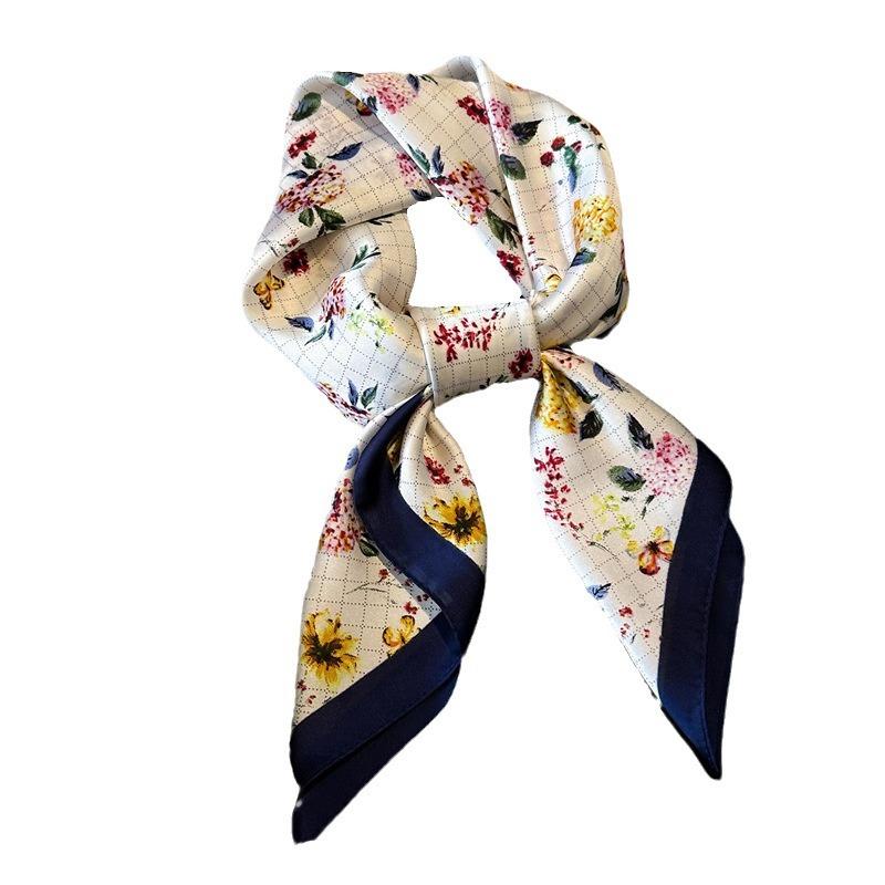 Fresh And Elegant Flower Square Scarf Simulation Silk Printing Silk Scarf Headscarf Women'S Spring And Summer Scarf Scarf Professional Scarf