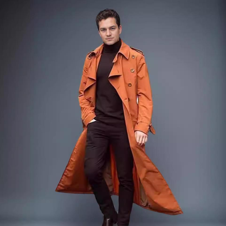 Men's Long Black Trench Coat, Slim Fit Double-Breasted Overcoat with Belt, Casual Business Outerwear