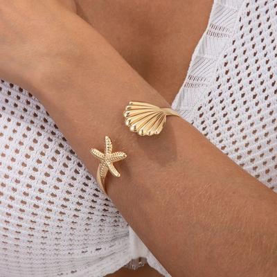 SHIXIN Bohemian Starfish Scallop Open Bangle for Women Fashion Smooth Metal Cuff Bracelet Hand Decoration Summer Beach Jewelry