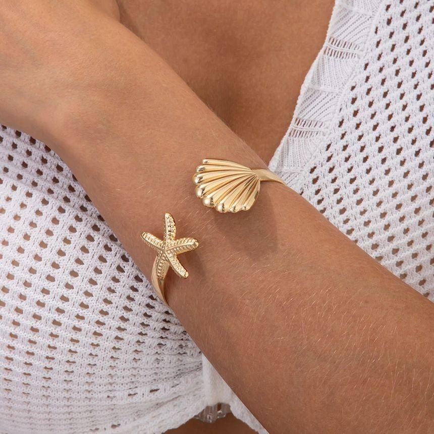 SHIXIN Bohemian Starfish Scallop Open Bangle for Women Fashion Smooth Metal Cuff Bracelet Hand Decoration Summer Beach Jewelry