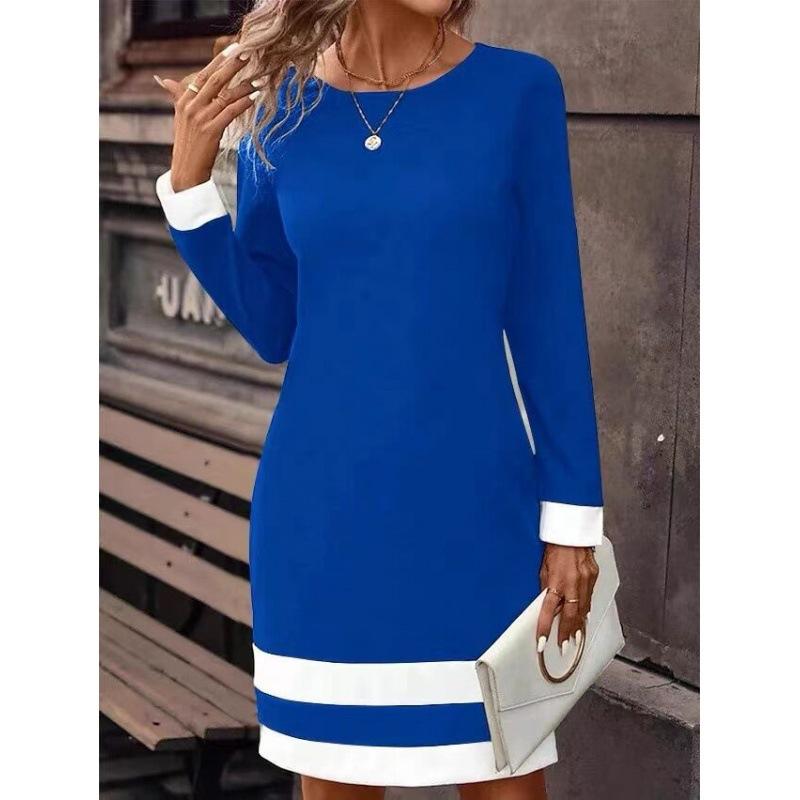 Spring Autumn Fashion Tight Match Color Dress Long Sleeve Round Neck Women's Wear