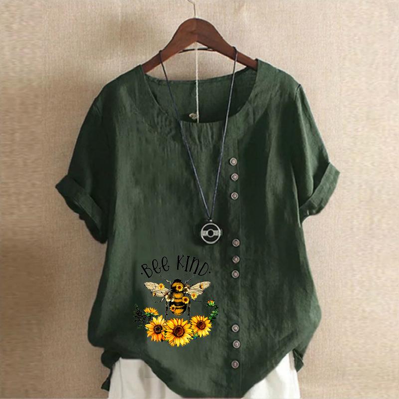 Women's Fashion Sunflower Bees Prined Short Sleeve T-shirt Loose Cotton Shirt Casual Loose Summer Blouse Tops Plus Size
