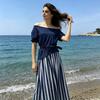 Women's Summer Vacation 2 Piece Skirt Sets Off Shoulder Short Sleeve Top And Striped Flowy Maxi Skirt Casual Travel Outfits with Belt