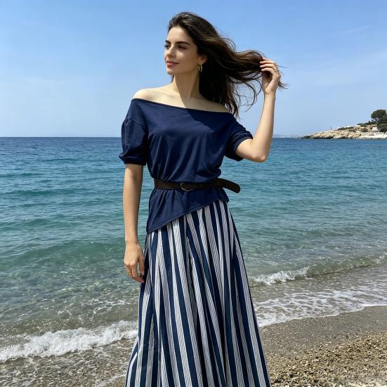 Women's Summer Vacation 2 Piece Skirt Sets Off Shoulder Short Sleeve Top And Striped Flowy Maxi Skirt Casual Travel Outfits with Belt