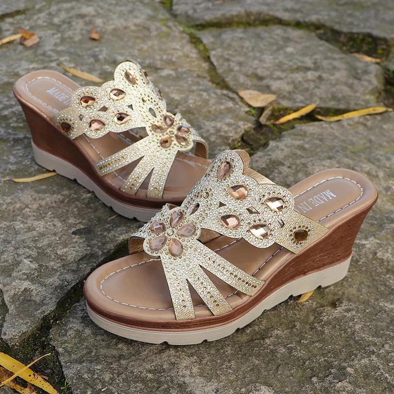 Fashion Women's Sandals 2025 Ladies Bohemian Slides Women Slippers Sandalias Summer Crystal Shoes Peep Toe Flats Zapatos De Mujer