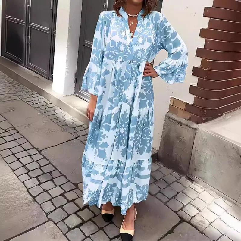 Autumn and Winter Women's Clothing Long Dress New Standing Collar Flared Sleeve Printed Casual Dress Fashionable Plus Size