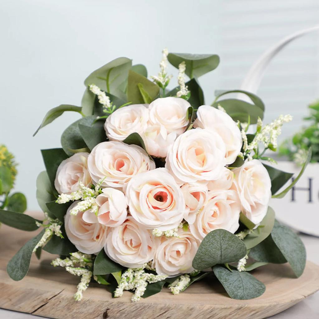Handmade Silk Roses Bridal Bridesmaid Wedding Bouquet Pastoral Style Eucalyptus Leaves Artificial Natural Holding Flowers Party
