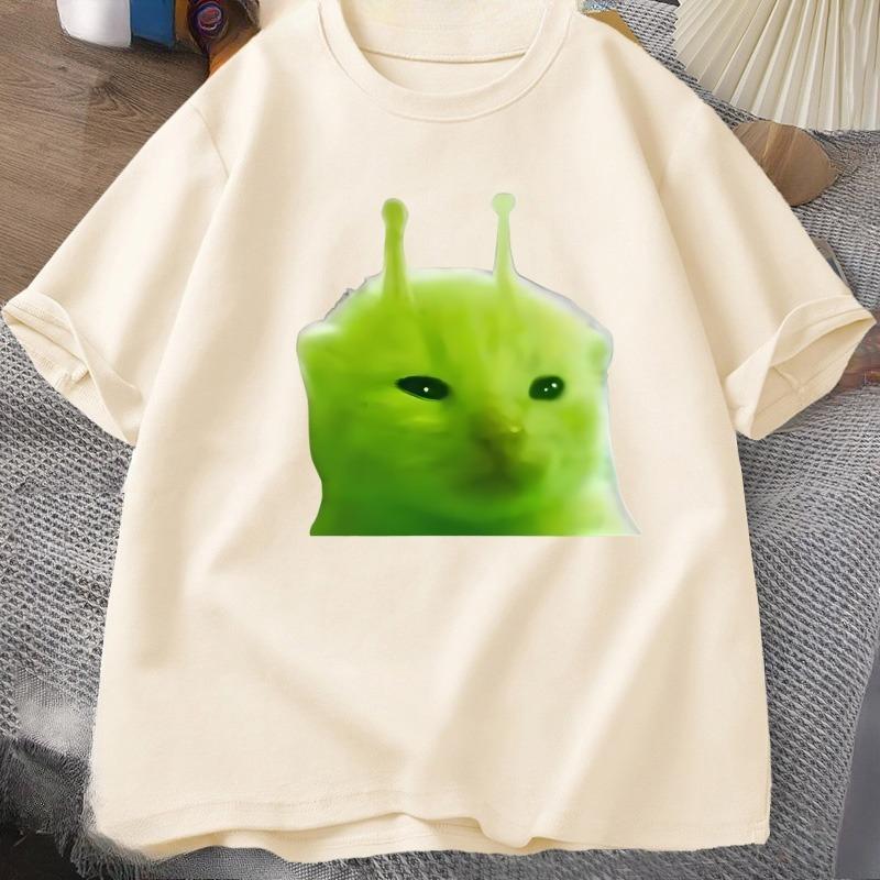 T-shirt Chat Alien Vert Femme Unisexe Chat Meme Tee Glorp Gnarp Cerveau de Chat T-shirt Mignon Rigolo Hauts Courts Manches Courtes en Coton Amples