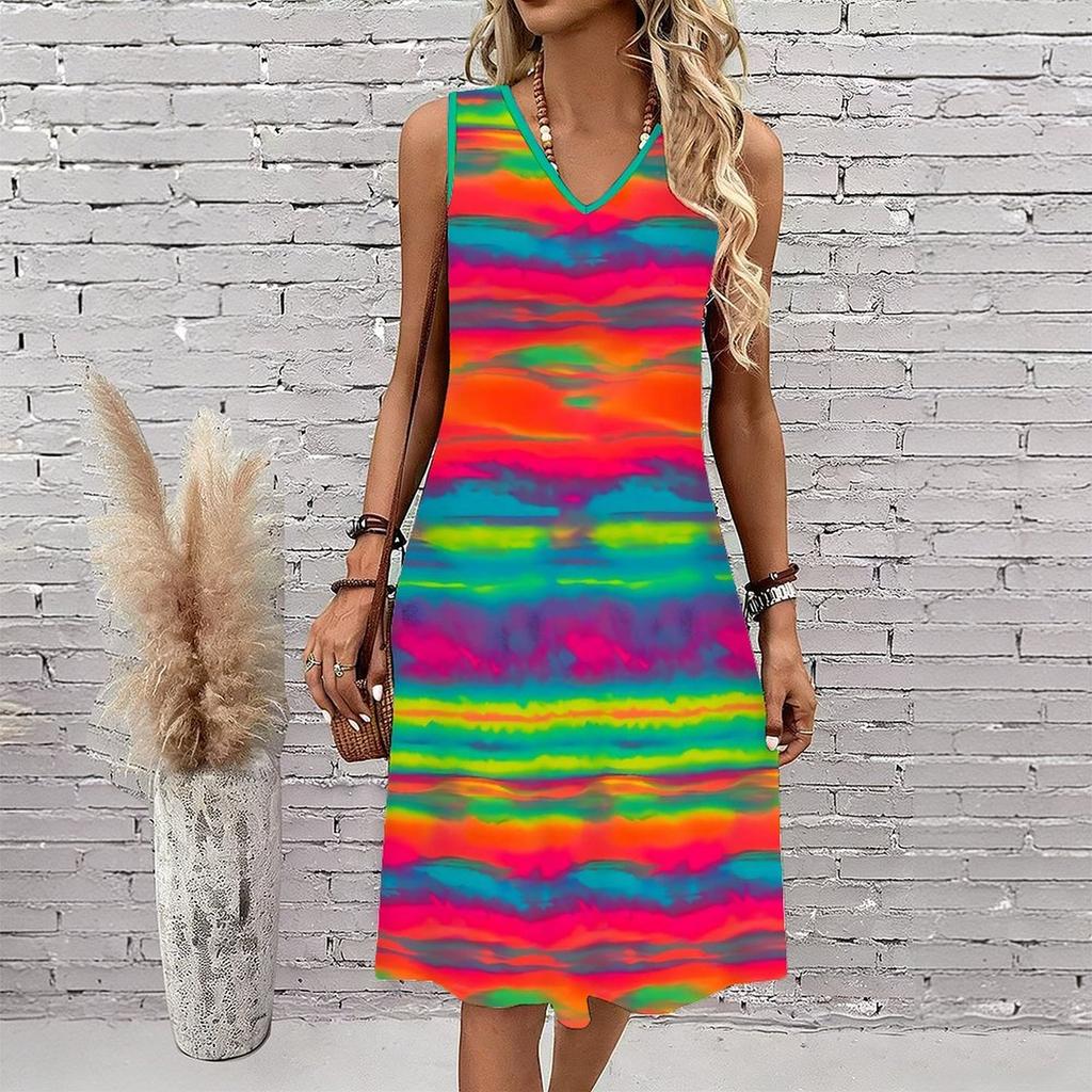 Plus Size V Neck Sleeveless Forest Valley Stream Watercolor Print For Country Leisure Vacation
