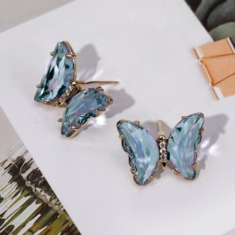 S925 Crystal Transparent Color Butterfly Stud Earrings Japanese And Korean Sweet Small Fresh Temperament Earrings Women