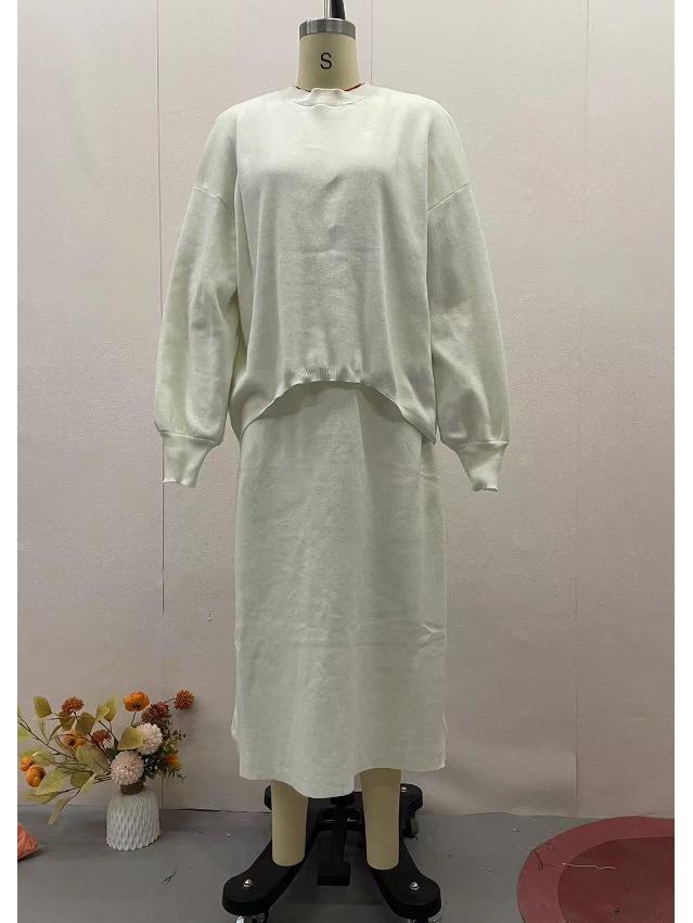 Herbst 2024 Europäisches & Amerikanisches Einfarbiges Lockeres Stricktop und A-Linien-Rock Set