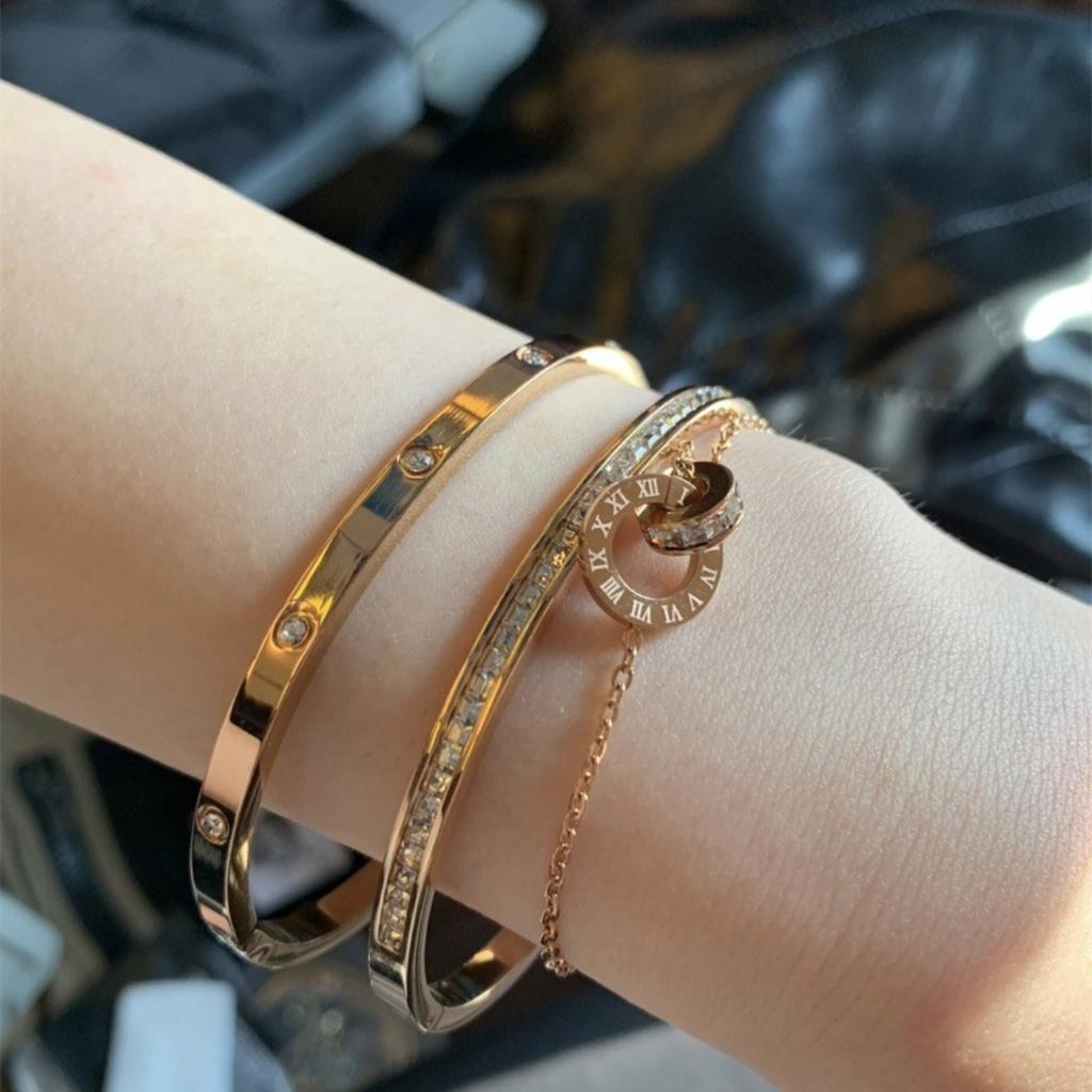 Htpwe Stainless Steel Diamond Ring Stacking Bracelet Women 18k Gold Plated Couple Holiday Gift Fashion Bracelet Party Zircon