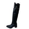 Mode Herbst Winter Plissierte Damen Kniehohe Stiefel Vintage Eckige Niedrige Absätze Schuhe Damen Gürtelschnalle Lange Stiefeletten