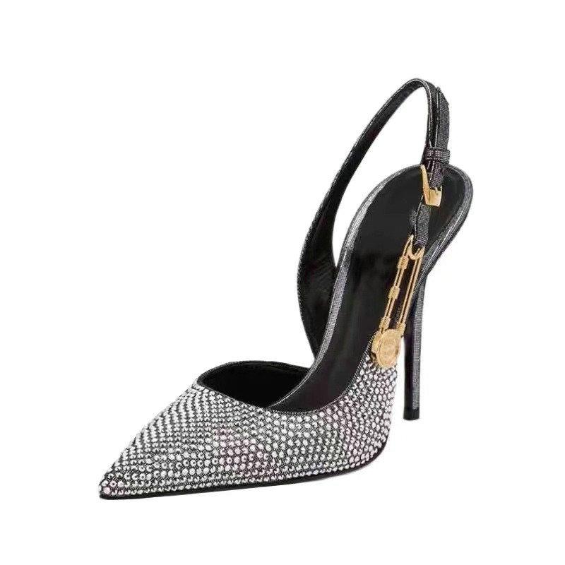 Fashion 2025 Pointed-Toe Diamond High Heels For Women, Black Tight French Sexy Luxury Hollow Sandals