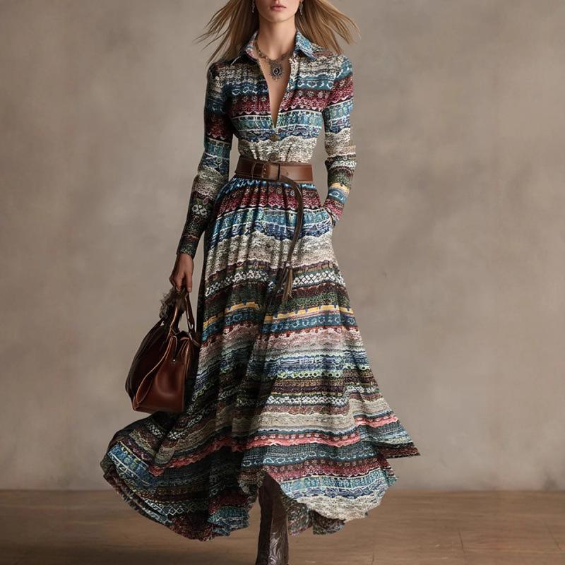 TEMU 2025 Autumn/Winter Elegant Tribal Print Long-Sleeve Dress for Women